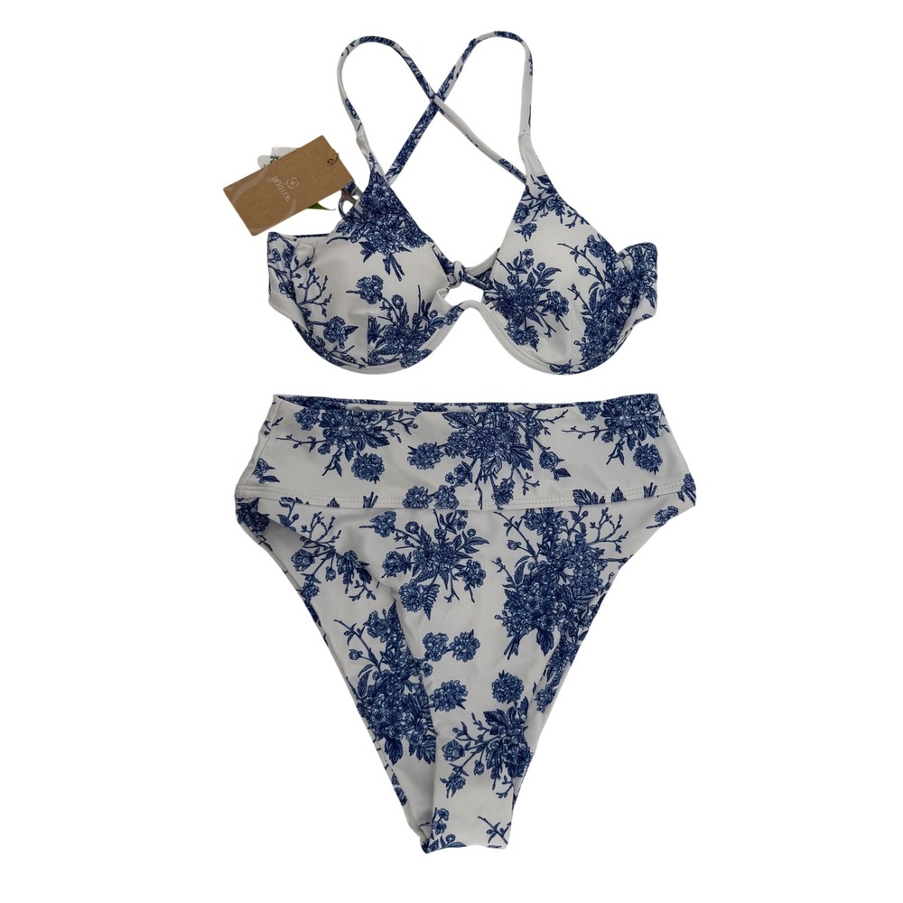 Berlook Blue Floral High Waist Bikini Set Underwire Backless Top Small NEW